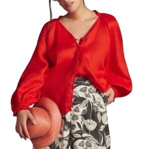 Anthropologie Maeve The Audie Red Linen Puff Sleeve Oversized Blouse - XL